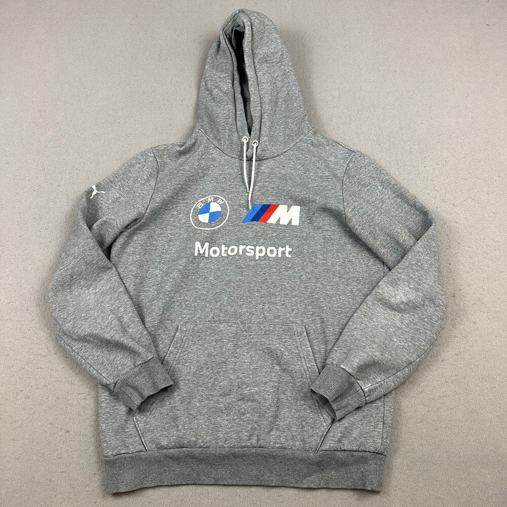 BMW Motorsport Hoodie Men Small Gray Puma Logo Graphic Pullover Sweatshirt S
